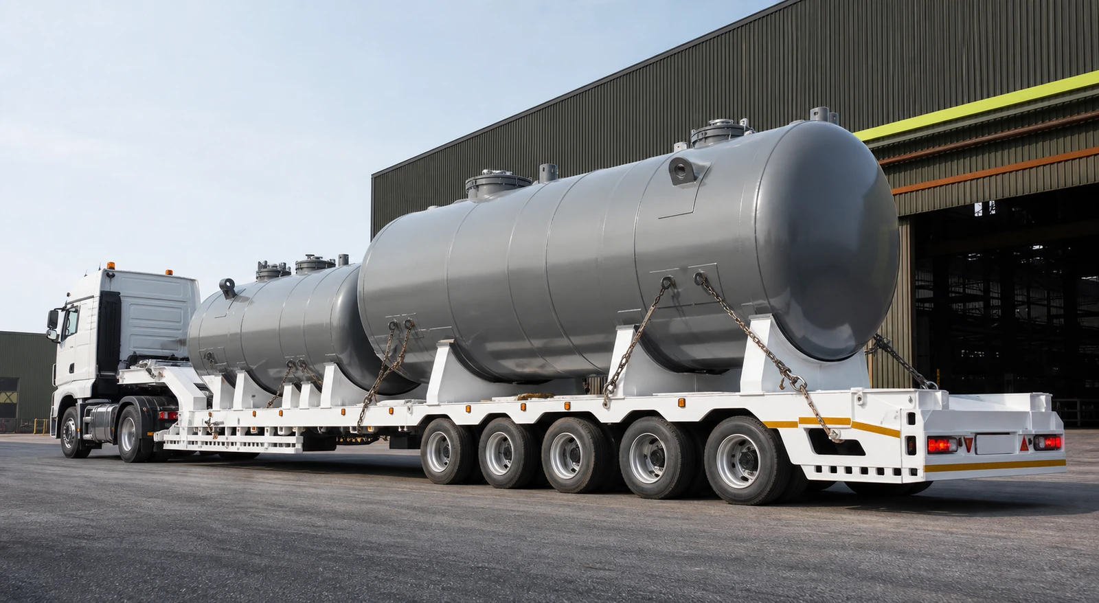 Lowbed trailer carrying fabricated cylindrical tanks outside an industrial facility