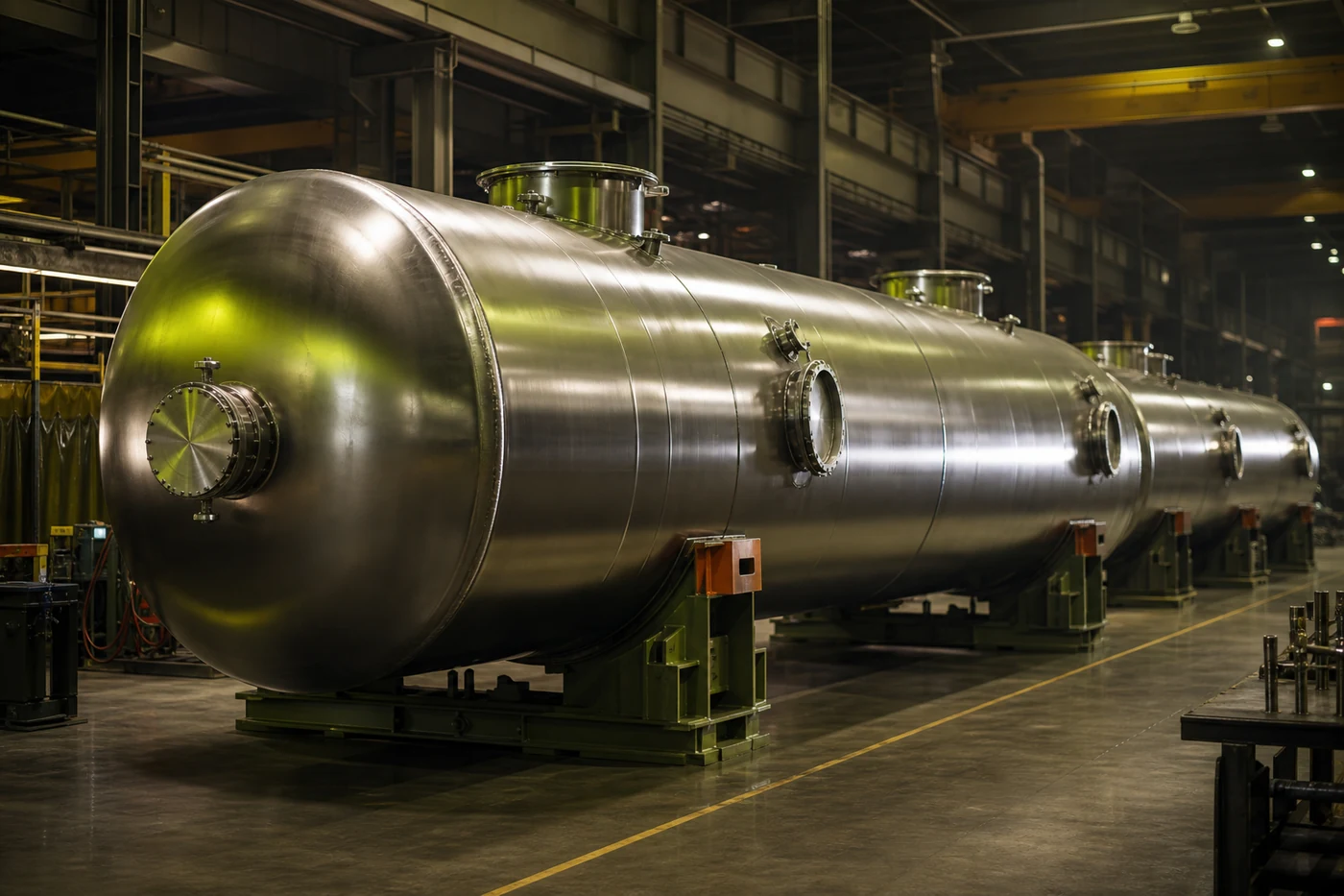 Cylindrical oil tanker bodies inside a premium fabrication workshop