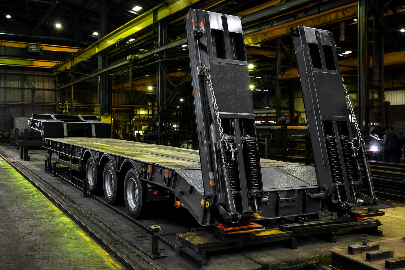 Heavy-duty lowbed trailer chassis under fabrication