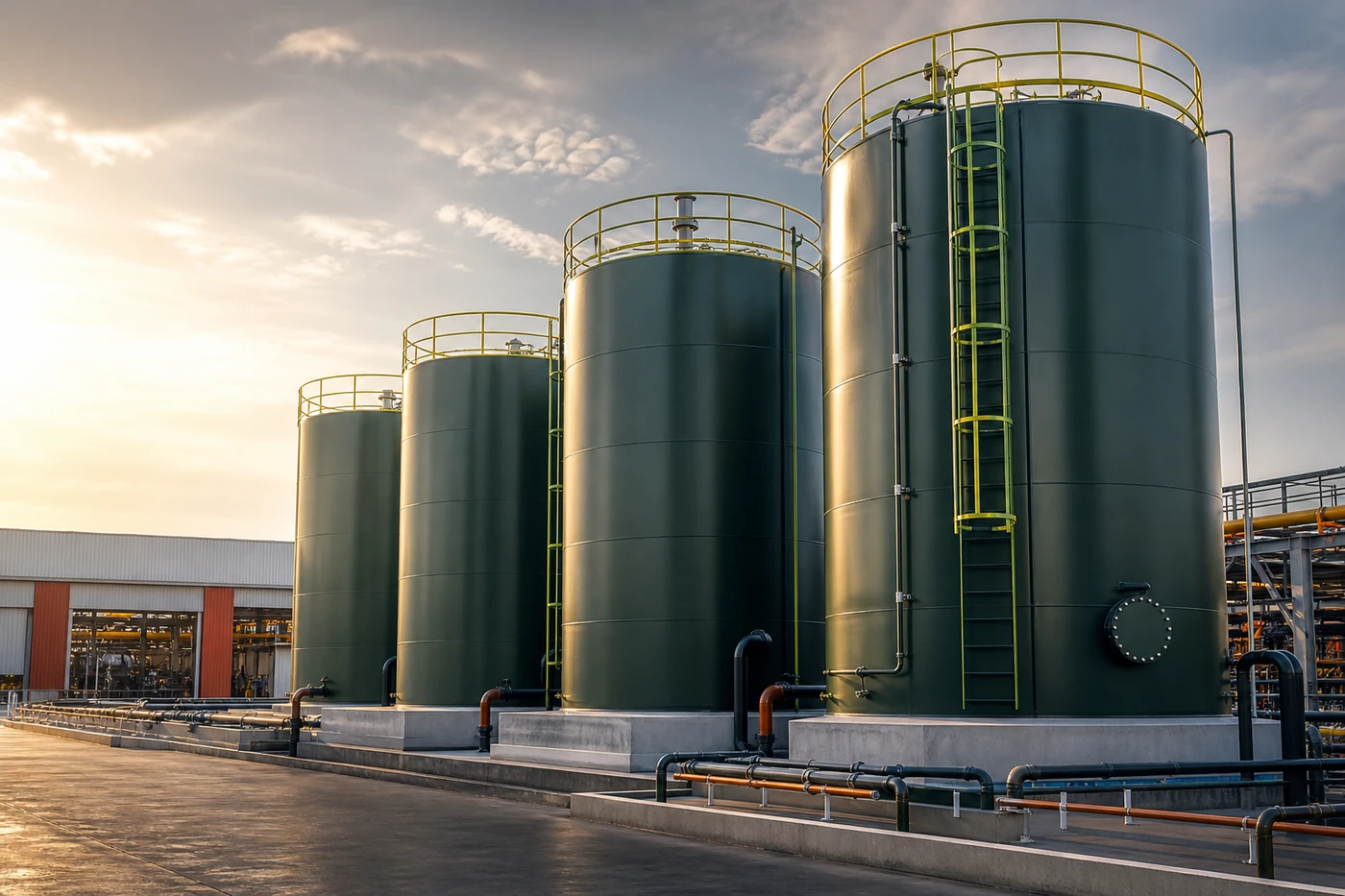 Vertical cylindrical storage tanks at an industrial site